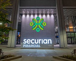 Securian 400 tower, family circle lit up at night
