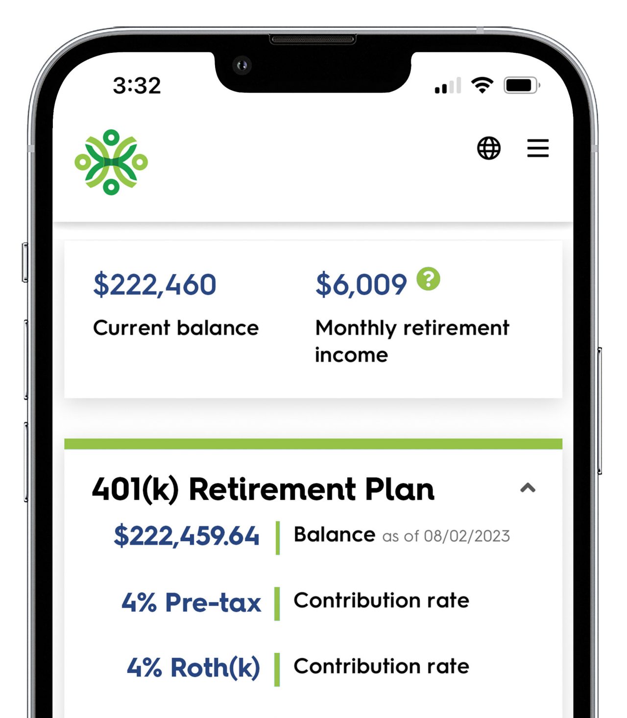 Mobile app retirement account summary